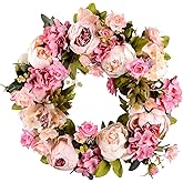 Lvydec Artificial Peony Flower Wreath - 15" Pink Flower Door Wreath Spring with Green Leaves for Front Door, Wedding, Wall, Home Decor