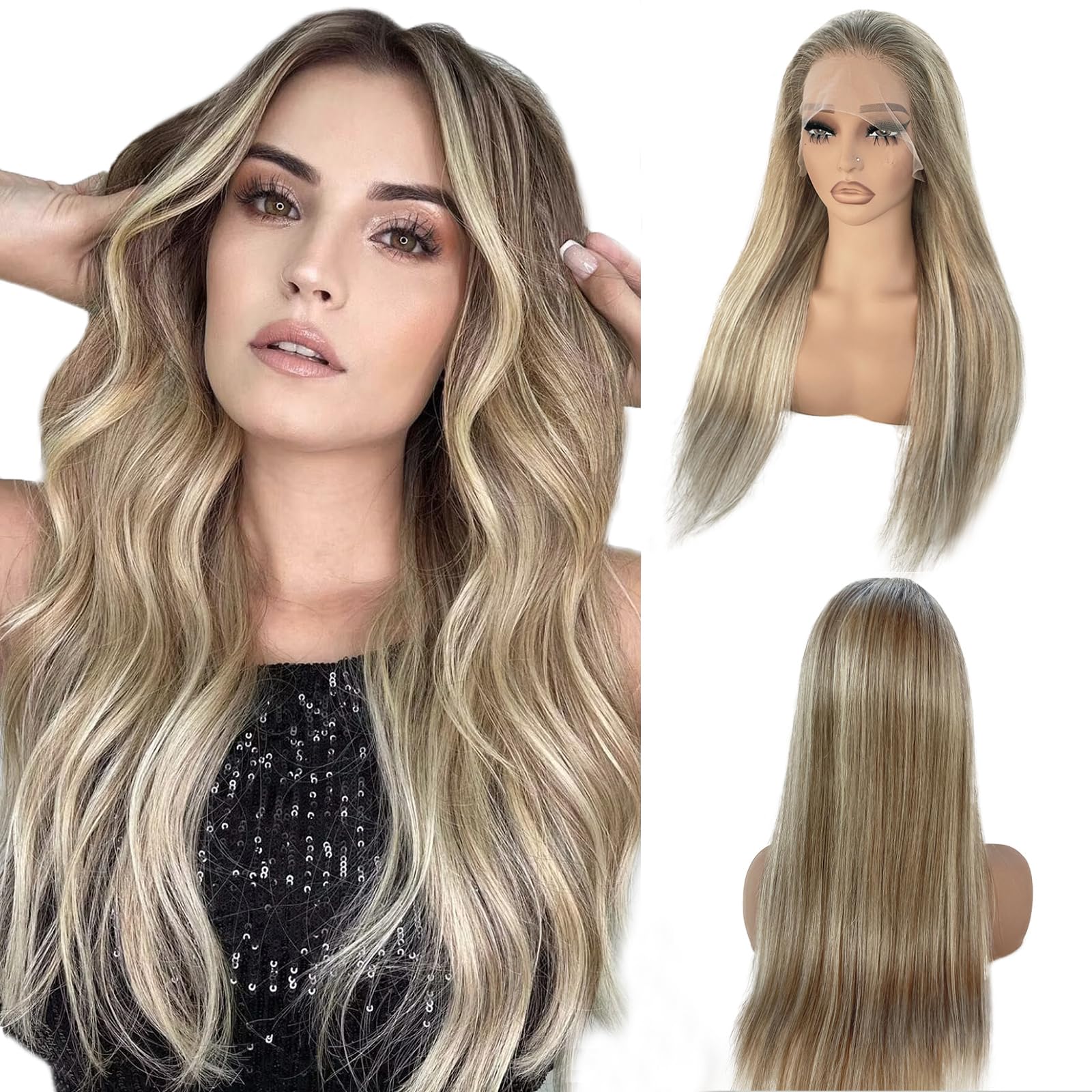 Photo 1 of Munx Ash Blonde Human Hair Lace Front Wig for Women 18in, Straight 13x4 Transparent HD Lace Frontal Wigs Thick 180% Density Ombre Brown Colored Lace Front Human Hair Wigs Bleached Knots