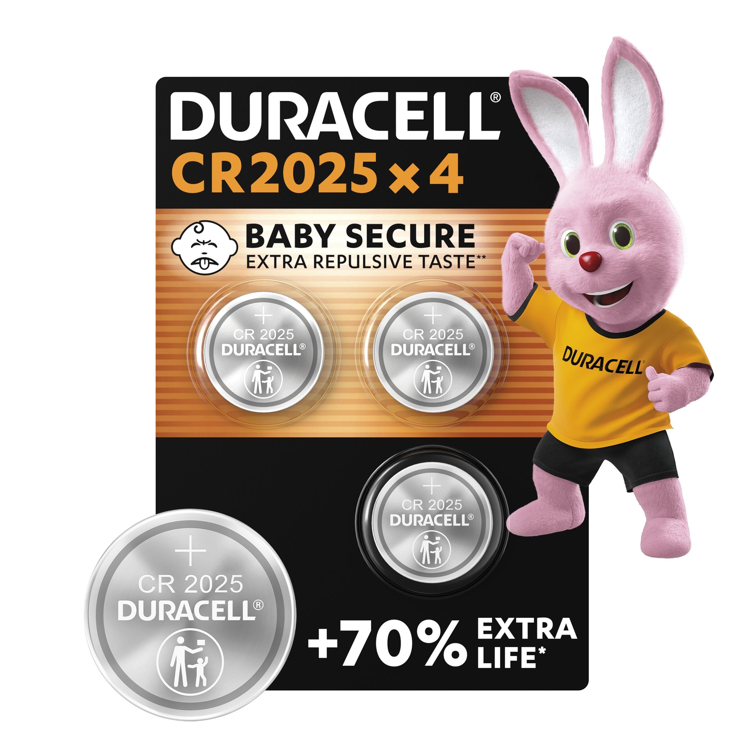 DURACELL 2025 Lithium Coin Batteries 3V (4 Pack) - Up to 70% Extra Life - Baby Secure Technology - For Use in Key Fobs, Fitness Watches and 3D Glasses - Baby Secure Packaging