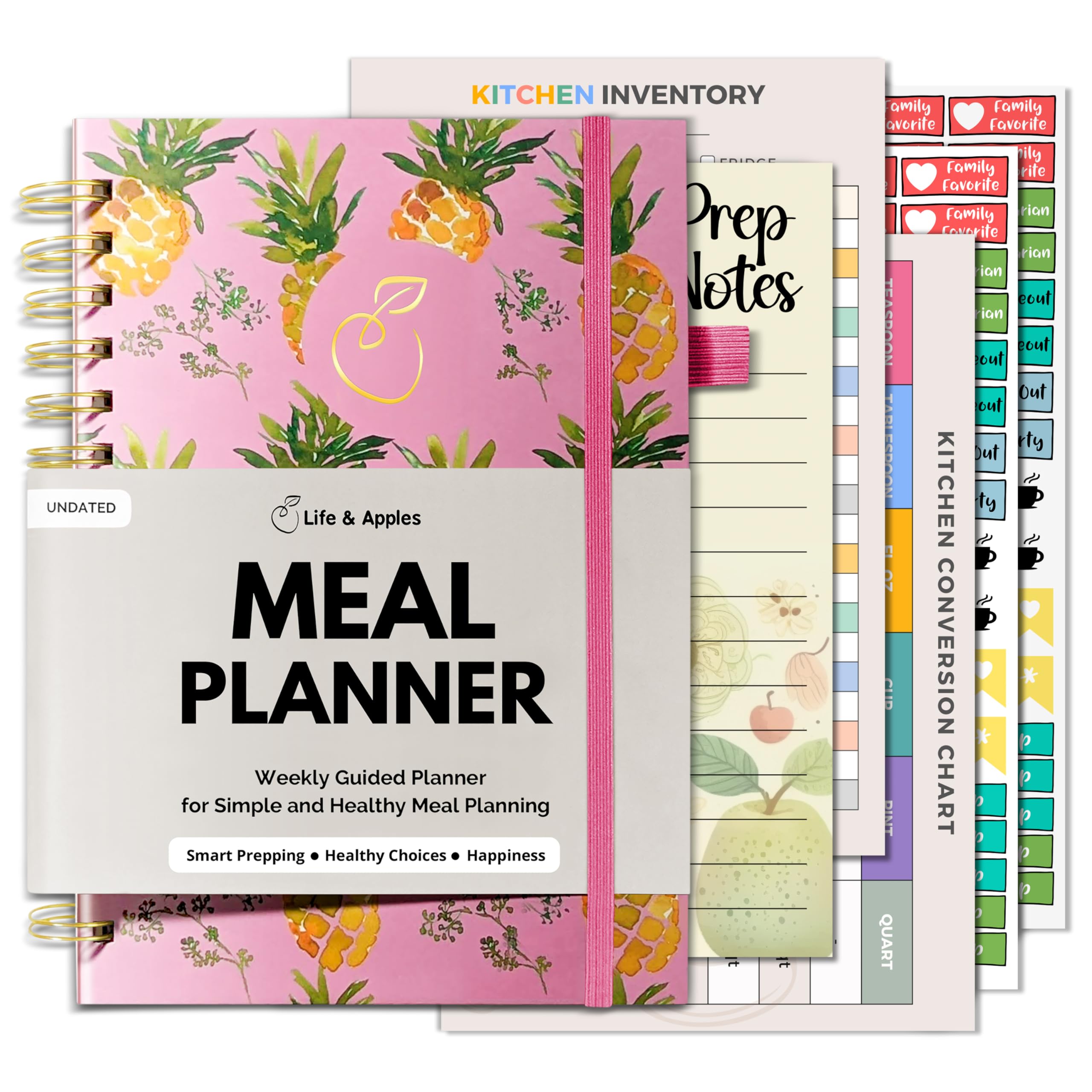Photo 1 of Life & Apples Meal Planner with Grocery List – Undated Weekly Menu & Meal Prep Notebook for Women & Men, Healthy Eating & Weight Loss Planner, 52-Week Spiral Bound Journal, Pineapples
