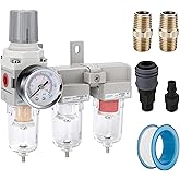 NANPU Three Stage Air Drying System - 5 Micron Particulate Filter, 0.5&0.01 Micron Coalescing Filters, Air Pressure Regulator Combo - 0-150 psi Gauge, Semi-Auto Drain, Metal Bracket (1/4" NPT)