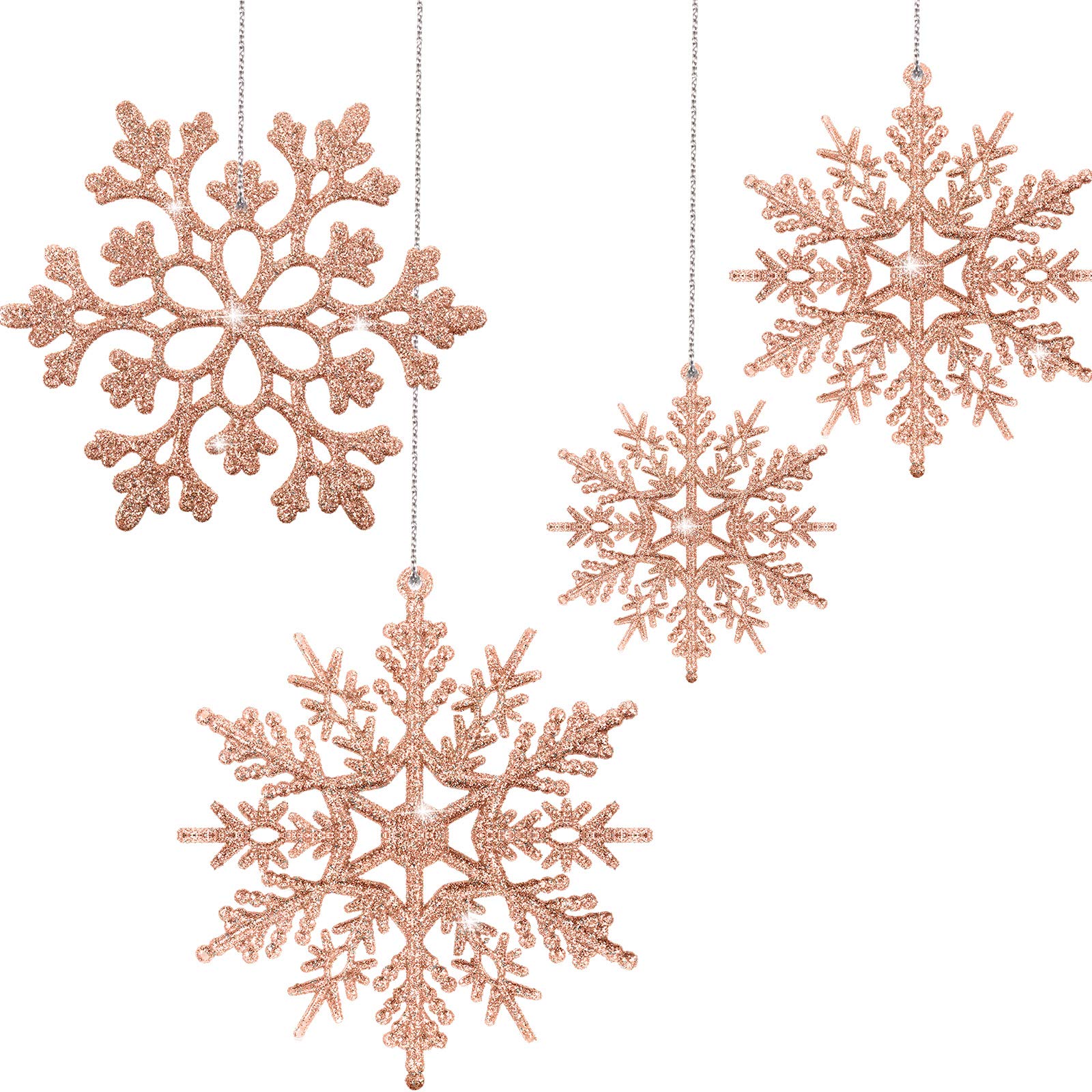Chuangdi 50 Piece Christmas Rose Gold Snowflake Ornaments Christmas Tree Decorations, Hanging Xmas Decorations, Plastic Glitter Snow Flakes for Winter Party