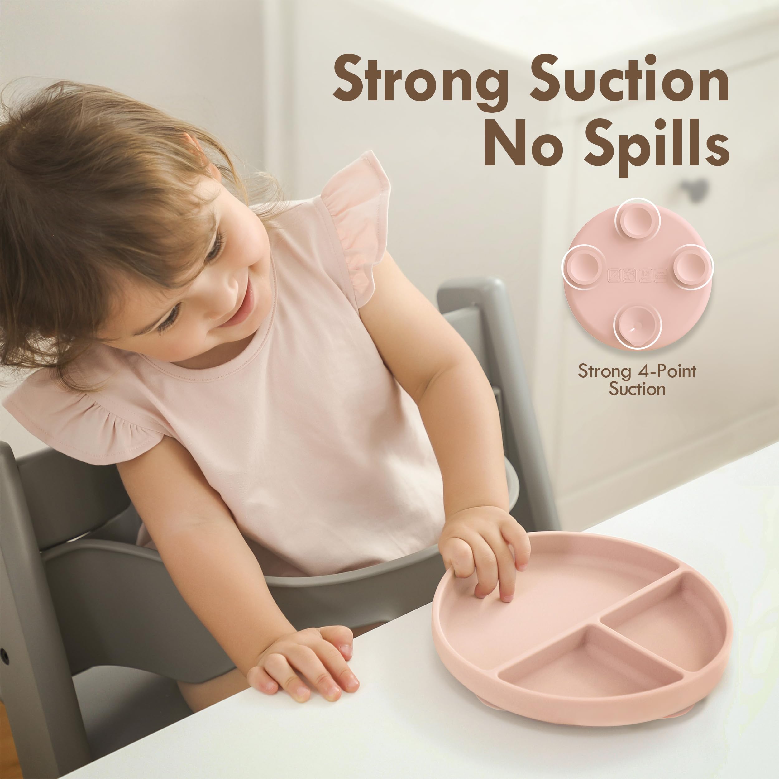 Moonkie 2pc Silikon Kinderteller mit Deckel, Baby teller mit Saugnapf, BPA-freie Rutschfest Geteilte Geschirr Set mit Gabeln und Löffel, Mikrowellen und Spülmaschinenfest(Blush/Pale Mauve) 3