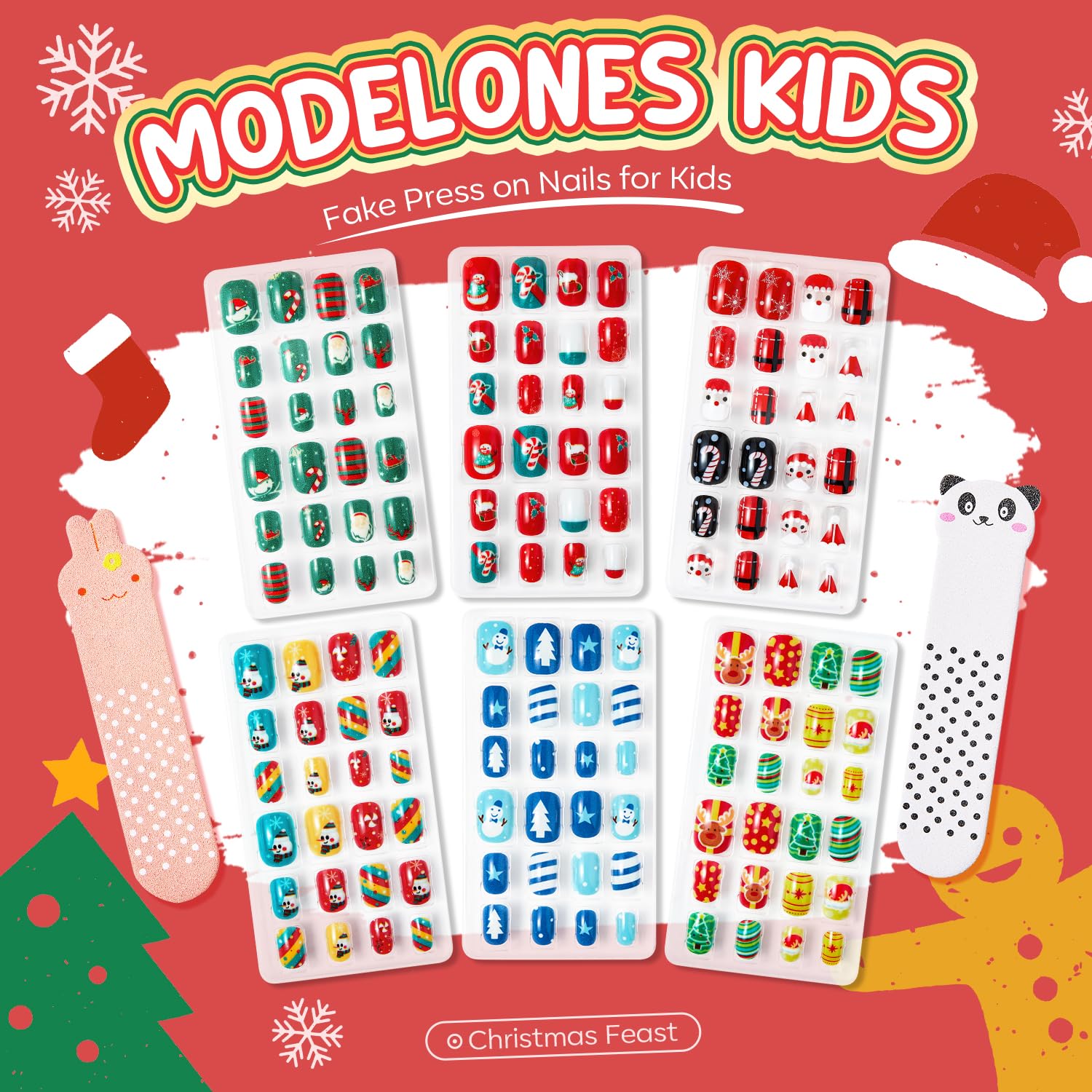 Modelones Christmas Press on Nails for Kids 144Pcs 6 Pack Children Girls Toys 8-10 Acrylic Fake Nails Pre-glue Full Cover Snowflake Red Xmas Short False Nail Art Kits Sets Gifts For Kids Girls - Image 2