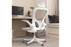 Monhey Office Chair Ergonomic Desk Chair with Lumbar Support&Headrest&Flip-up Arms Height Adjustable Rocking Swivel High Back Computer Chair Warm Taupe Mesh Study Chair (02White+Khaki)