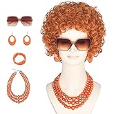 Yan Dream Women Short Curly Red Brown Wig and Glasses Orange Chunky Jewelry Set Party Cosplay Wig