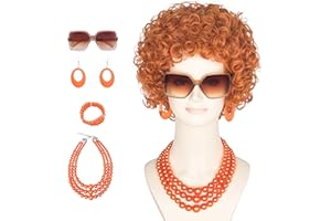 Yan Dream Women Short Curly Red Brown Wig and Glasses Orange Chunky Jewelry Set Party Cosplay Wig