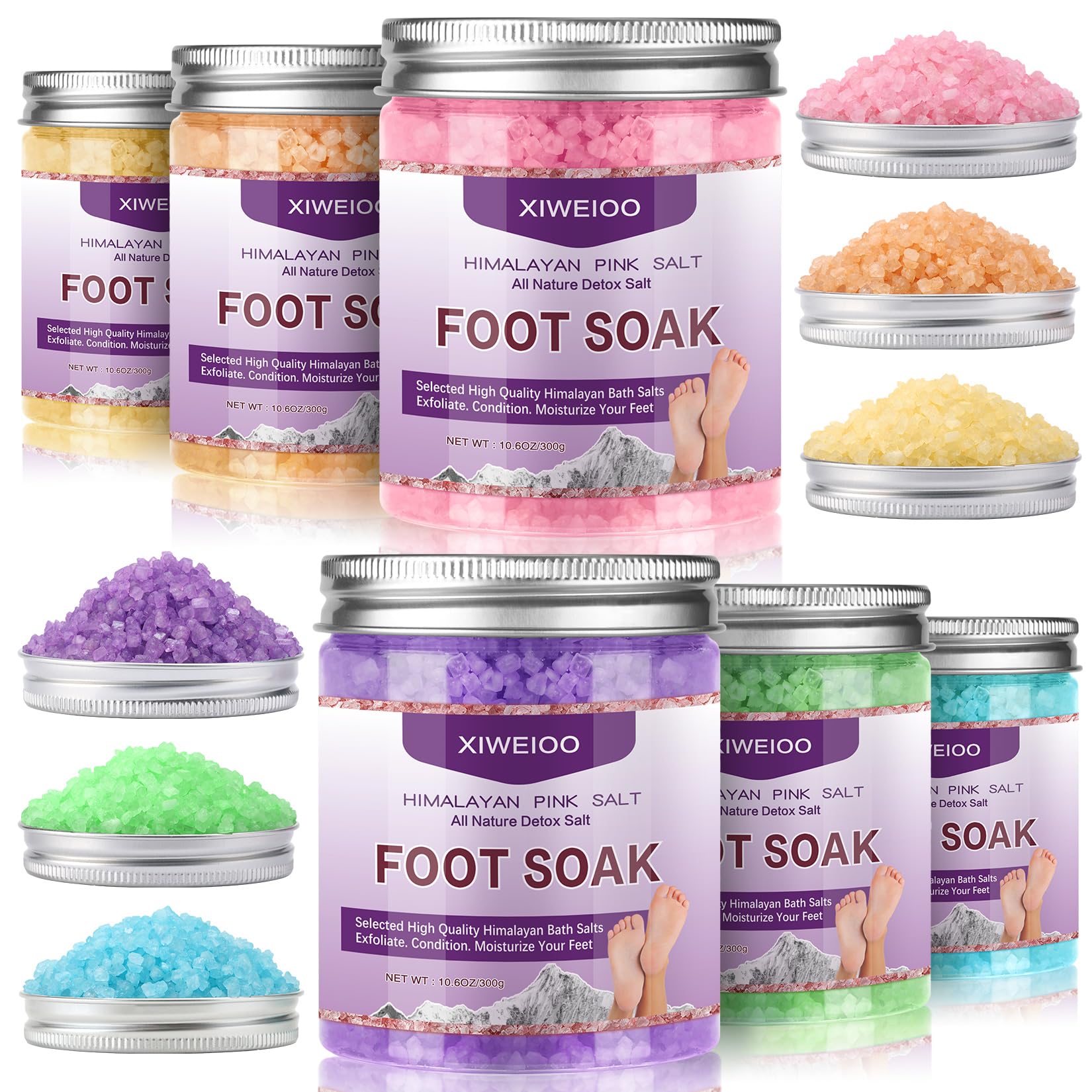 Photo 1 of XIWEIOO Foot Soak 6 Himalayan Foot Bath Salt Set Orange Lavender Aloe Ocean Blue Himalayan Pink Salt Rose Feet Soak kit with Epsom Salt,Soothe Joint Soreness, Tired Feet, Softens Calluses