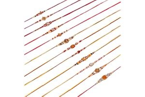 SAJTOX Raksha Bandhan Set of 12 Rakhi for Brother with Raksha Bandhan Greeting Card OM Rudraksha Beads Bracelet for Bhai & Bhabhi Kundan Multicolored Stone and Small White Beads