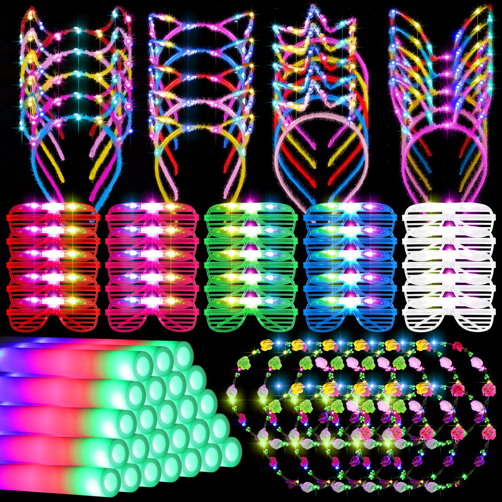 Photo 1 of Redbaker 75 Pcs Light up Party Favors Include Light up Headband Foam Sticks LED Glasses Neon Glow Flower Crown Glow in the Dark Party Supplies for Celebrate Carnival Birthday Halloween