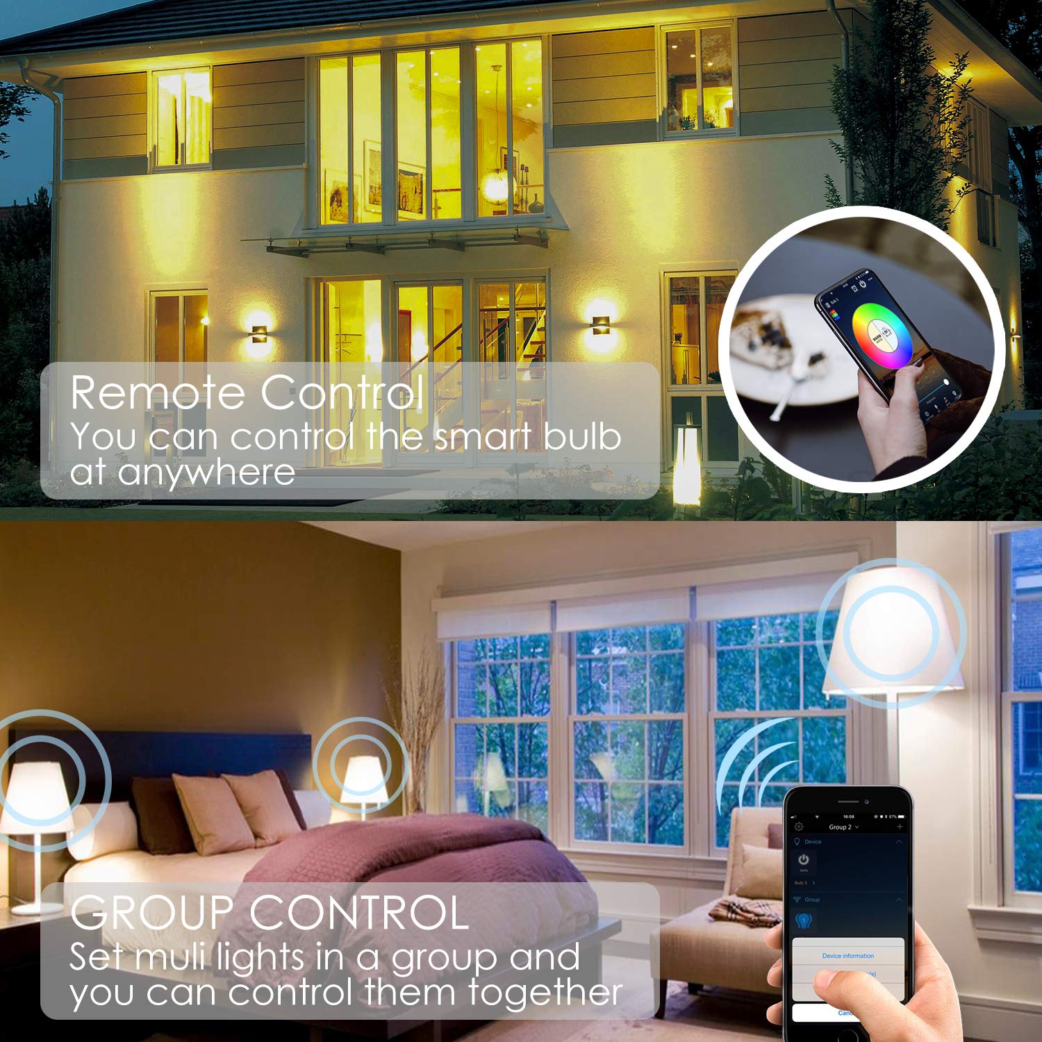 WiFi Dimmable Smart Light Bulb- Bistee Smart WiFi Bulb E26 7W RGBW Dimmable Smart Color Light Bulb with Remote Control 500 lm Compatible with Alexa Google Home,No Hub Required, 2 Pack LED Bulbs