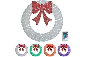 VINGLI 48 Inch Pre-lit Large Christmas Wreath with 224 LED Multi-Color Lights, Christmas Door Wreath for Garage, Outdoor Christmas Wreath with Red Bow, Timer Remote Control, Plug-in, White