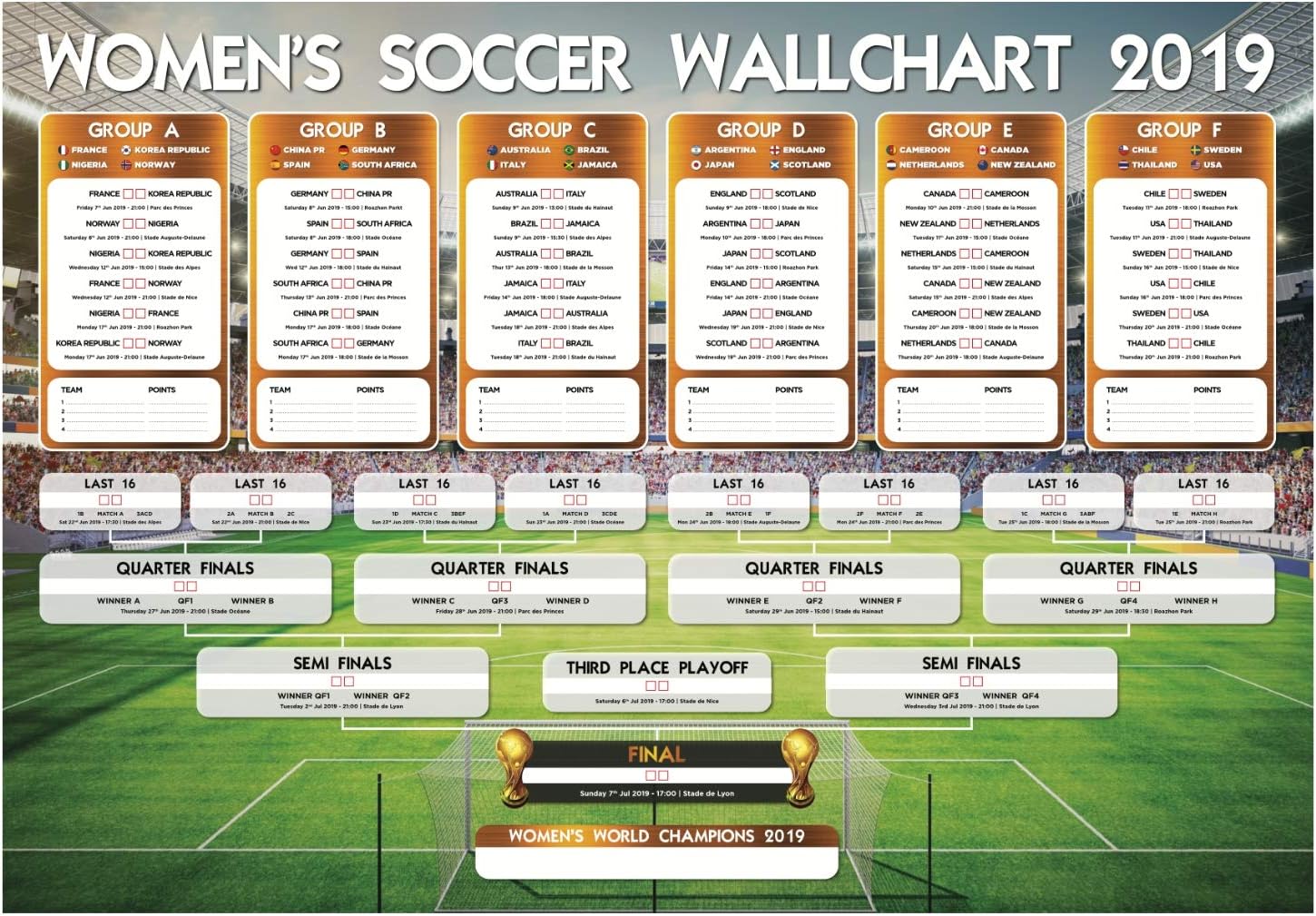 State Vision Womens Tournament Wallchart 2019 A2/A1 Wall Chart To Track The Women's World Cup