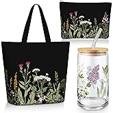 FoldTier 3 Pcs Plant Lover Gifts Spring Aesthetic Valentines Gifts for Women Mom Grandma, Floral Canvas Tote Bag, 16 oz Coffee Cup with Straw Lid, Makeup Bag for Baby Shower, Wedding(Black,Flower)
