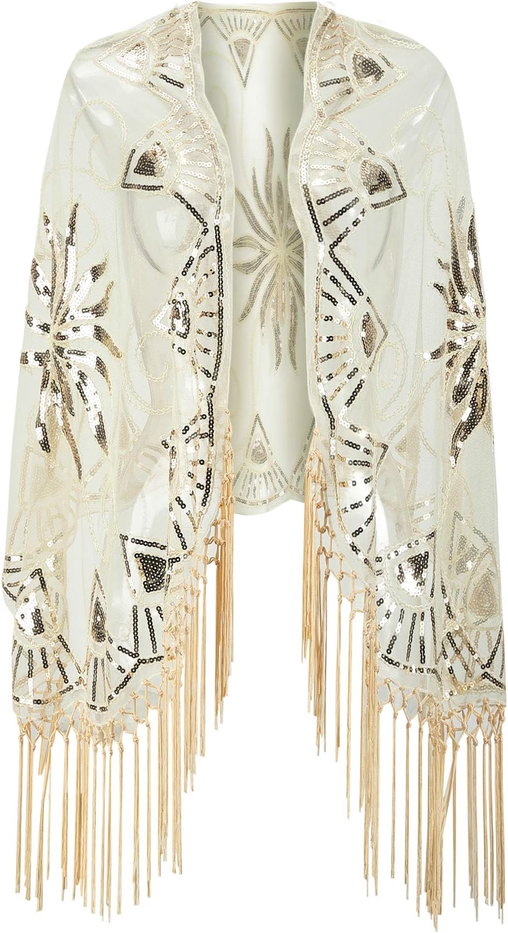 Women's 1920s Scarf Wraps Mesh Sequin Deco Fringed Wedding Cape Evening Shawl Vintage Prom