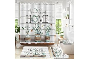 APROPHIC 4PCS Farmhouse Shower Curtain Sets for Bathroom, Green Eucalyptus Rustic Bathroom Set with Shower Curtain and Rugs, Country Style Home Sweet Home Vintage Bathroom Decor Accessories