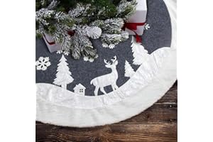 7FELICITY Christmas Tree Skirt, Fur Rustic White Xmas Tree Skirt,Snowy Christmas Trees Mat Decorations Indoors,Deer and Snowflake Pattern (48 inches, White Deer)