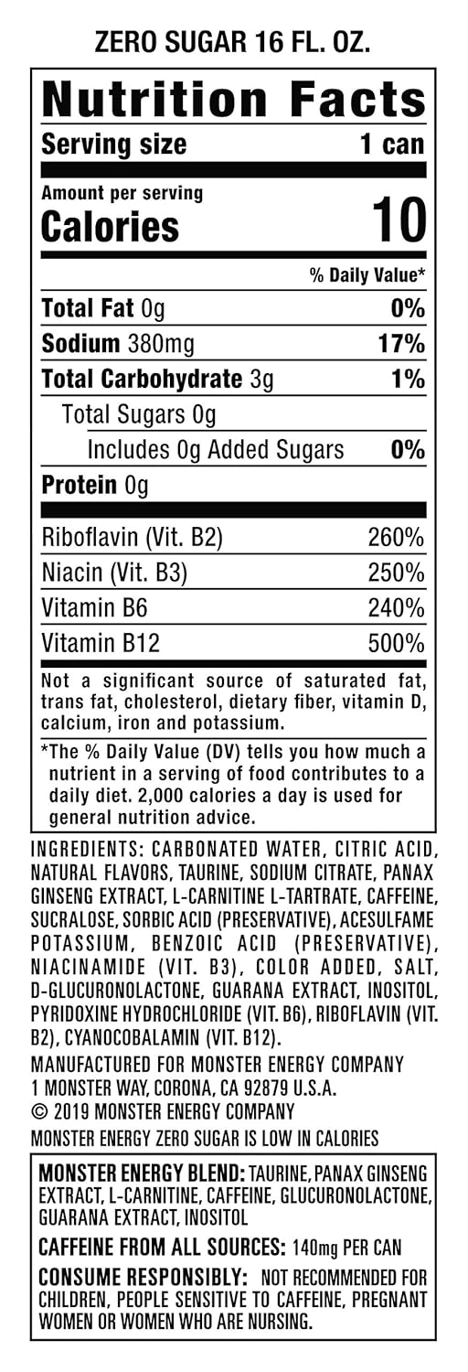 Monster Energy Zero Sugar, Low Calorie Energy Drink, 16 Ounce (Pack of 24) : Grocery & Gourmet Food