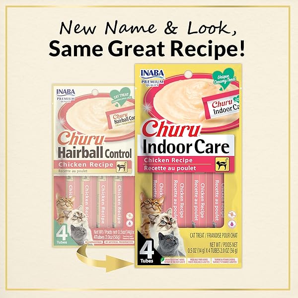 INABA CHURU FOR CATS, FUNCTIONAL, CREAMY LICKABLE PURÉE CAT TREAT FOR INDOOR CARE AND HAIRBALL CONTROL WITH TAURINE & VITAMIN E, 0.5 OUNCES EACH, 4 TUBES (1 PACK), CHICKEN RECIPE