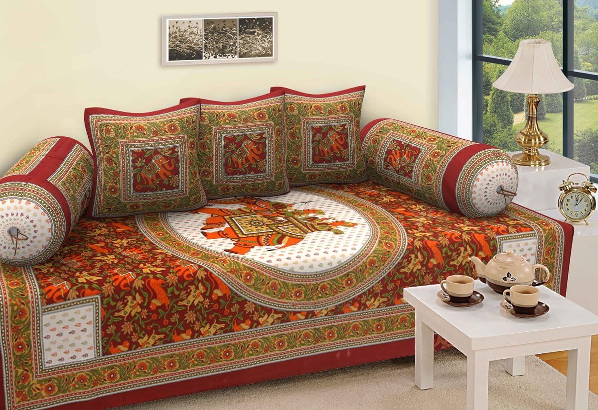 Fecom Multicolor Deewan Set Diwan Cover Cushion Cover Bolster Cover Mehroon