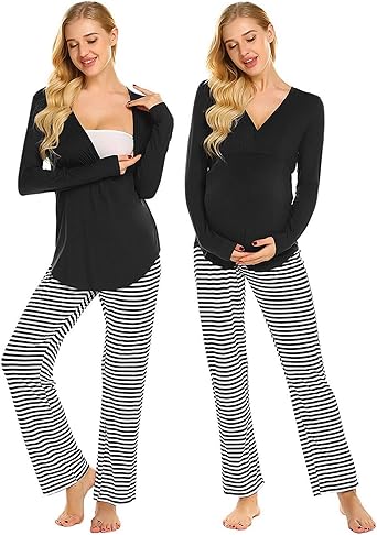 Amazon.com: Ekouaer Conjunto de pijama de lactancia de maternidad Pantalones de rayas Corto/Manga larga Cuello en V Lactancia Ropa de dormir Vestido de hospital (S-XXL): Clothing
