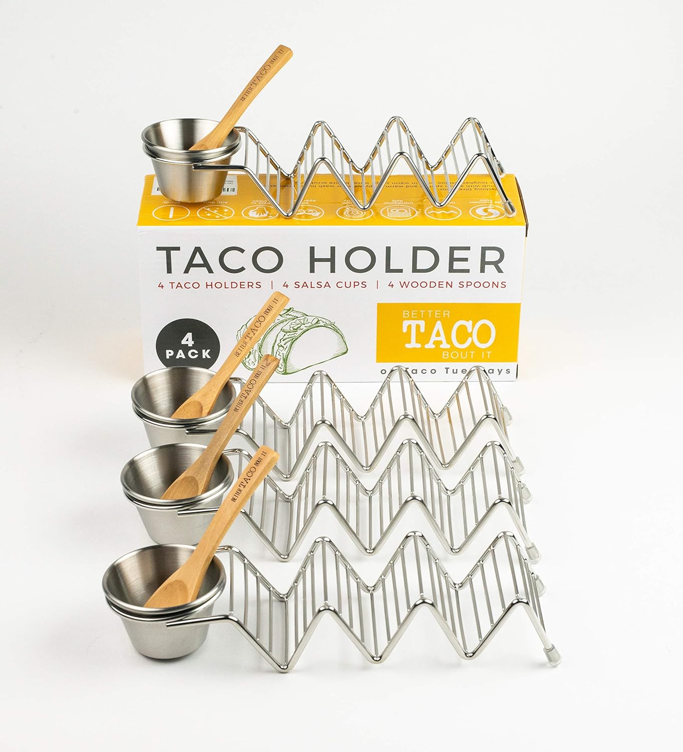 Taco Shell Stand Up Holders - 4 Pack Premium Stainless Steel Oven & Dishwasher Safe Taco Holder, Holds 3 Tacos Each Keeping Shells Neat & Upright, Also Comes With 4 Salsa Cups & 4 Wooden Spoons