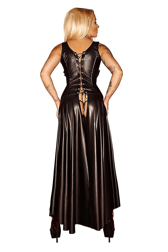 Noir Handmade Schwarzes Damen Dessous Fetisch Maxikleid Wetlook Kleid mit Schnürung brustfrei lang