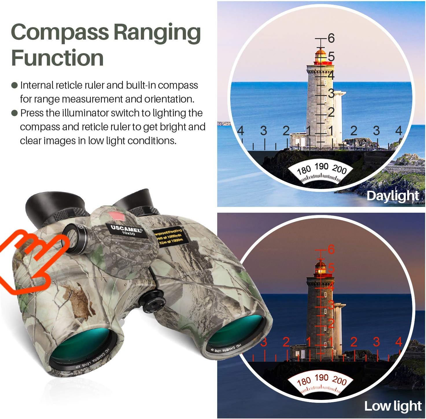 USCAMEL 10x50 Marine Binoculars for Adults, Waterproof Binoculars with Rangefinder Compass，BAK4 Prism FMC Lens Binoculars with Tripod Adapter for Navigation Bird Watching Hunting : Camera & Photo