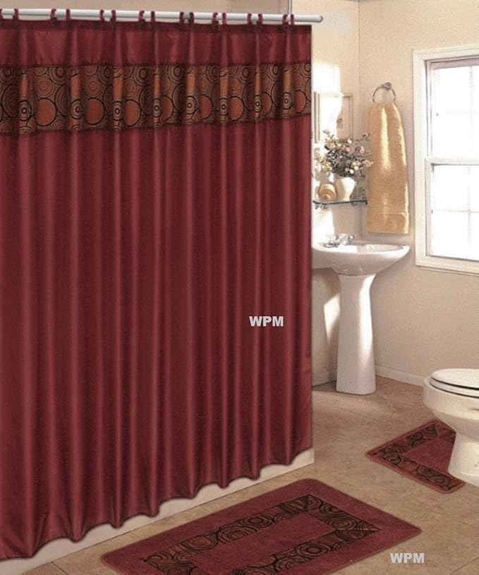 Amazon Com Wpm 4 Piece Bath Rug Set Rust Flocking Bathroom Rugs With Fabric Shower Curtain And Matching Rings And Mat Home Kitchen