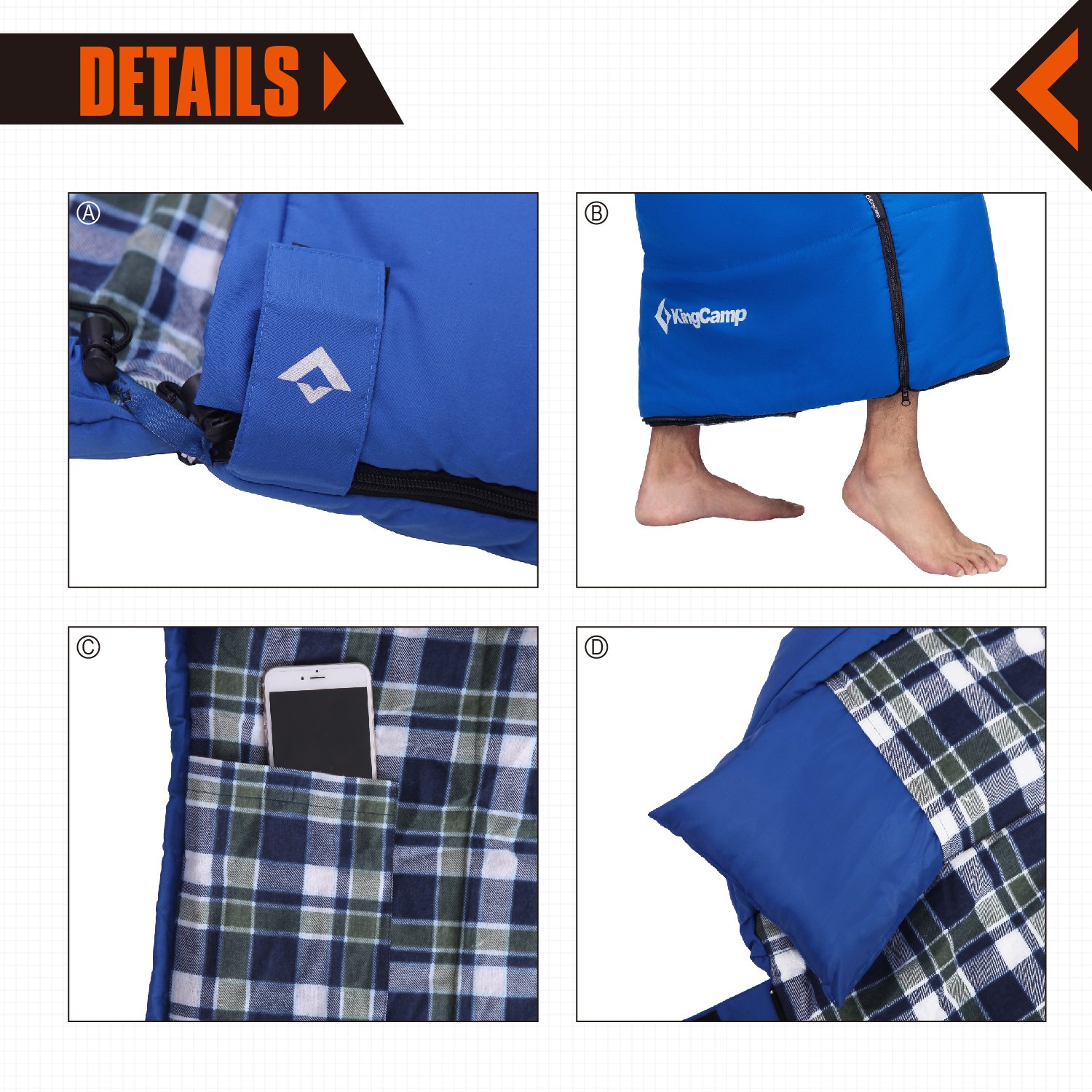 KingCamp All Season 5F/-15C Poly-cotton Sleeping Bag Cotton Flannel Lining with Pillow (Queen, Adult, Youth Size)