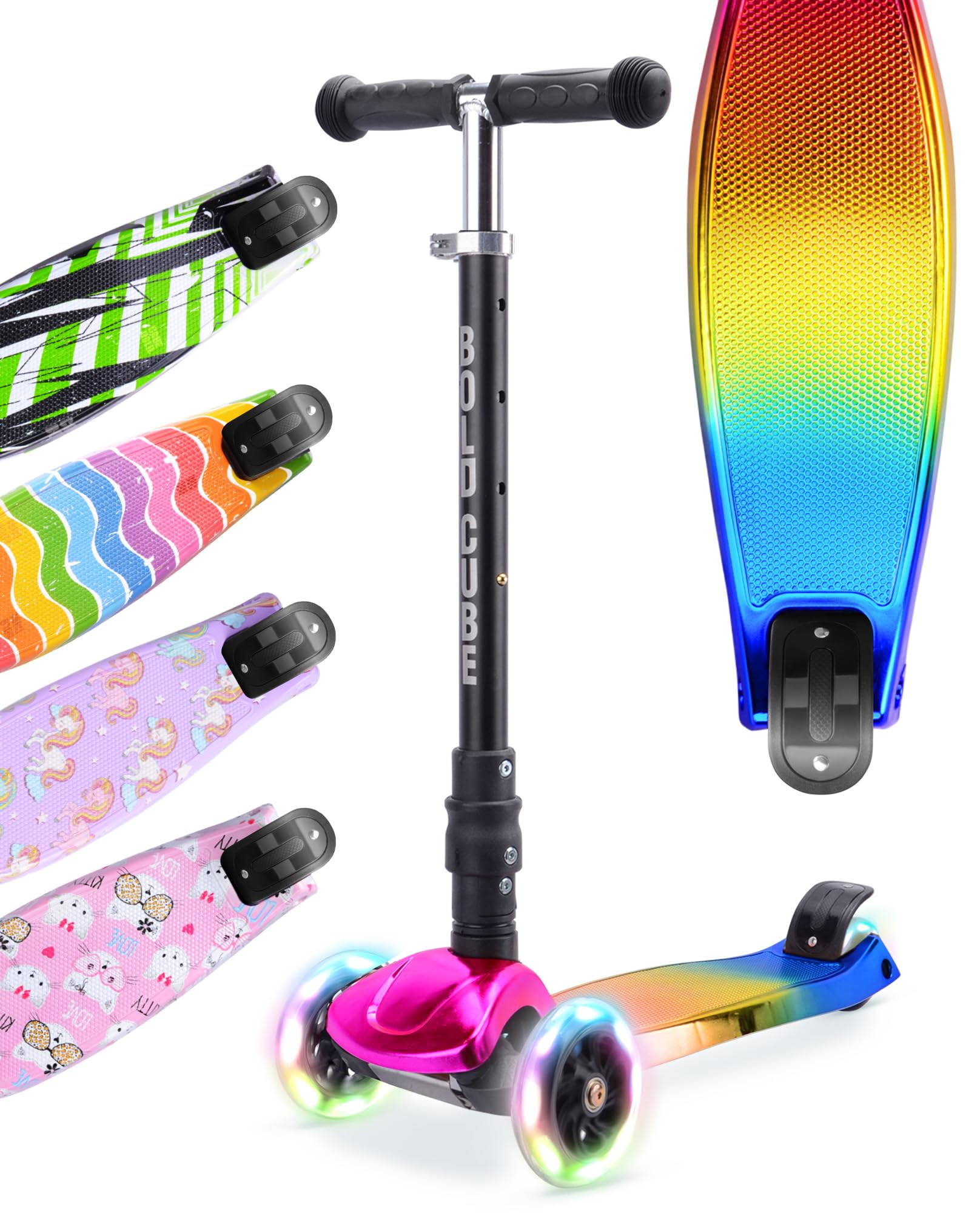 BOLDCUBE Big Fold Candyfloss | Three Wheel Scooter for Children Ages 5-10 Years | LED Wheels with Flashing Lights | Height Adjustable 65 to 89 cm | Rear Reflectors