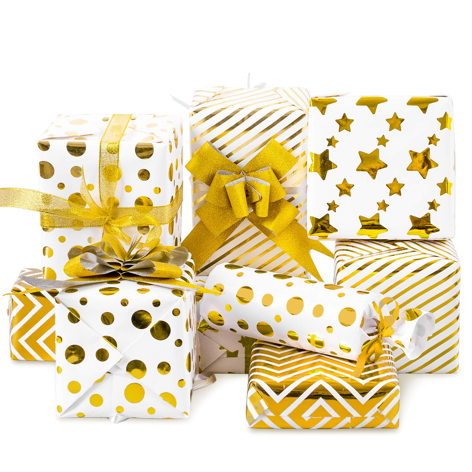 Whaline Gift Wrapping Paper Set 8 Sheet White Gold Wrapping Paper with 10 Pull Bows & 24 Yard Glitter Ribbon Star Dot Stripe Foil Decorative Art Paper for Birthday Christmas Valentine's Day