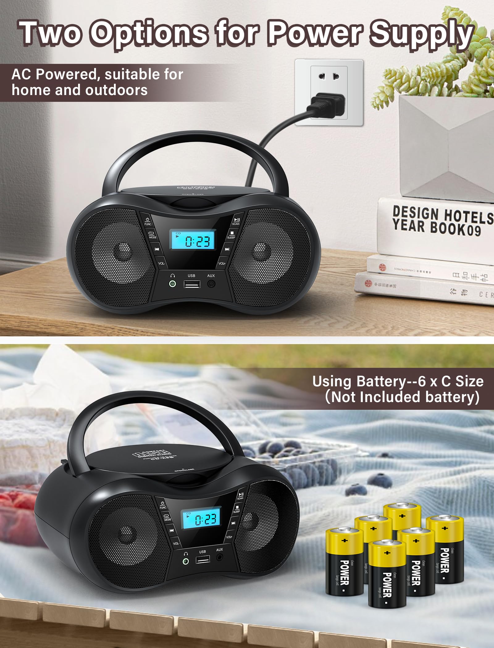 Greadio Boombox Portable CD Players for Home with Bluetooth, Boom Box CD Player FM Radio Combo, Stereo Sound, AC/Battery Powered, CD/CD-R/RW Compatible, Support AUX/USB/Headphone, Timer, Repeatable