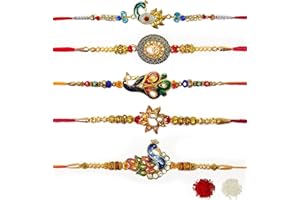 Craftsman Rakhi for brother Bhaiya Bhabhi Gift Set of 5 Pcs Rakhi for family Raksha Bandhan Festival Rakhi for Bhaiya and Bhabhi, Indian designer latest Rakhi for bhai Thread bracelets