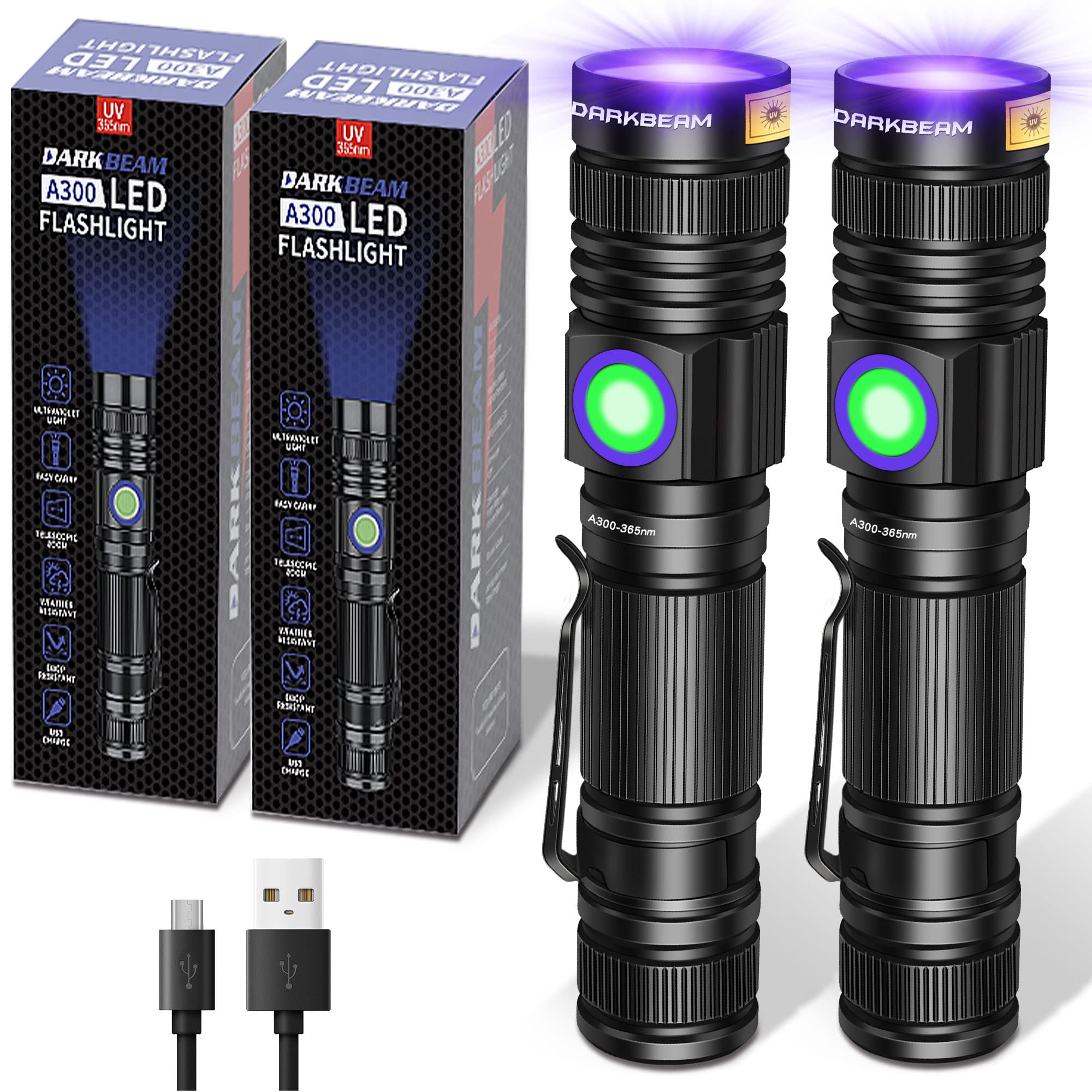 Photo 1 of DARKBEAM UV 365nm Flashlight Blacklight Rechargeable USB Wood’s lamp Handheld Ultraviolet Black Light LED Portable, Pet Urine Detector, Resin Curing, Appraisal, Fluorescent Detection, 2 Pack