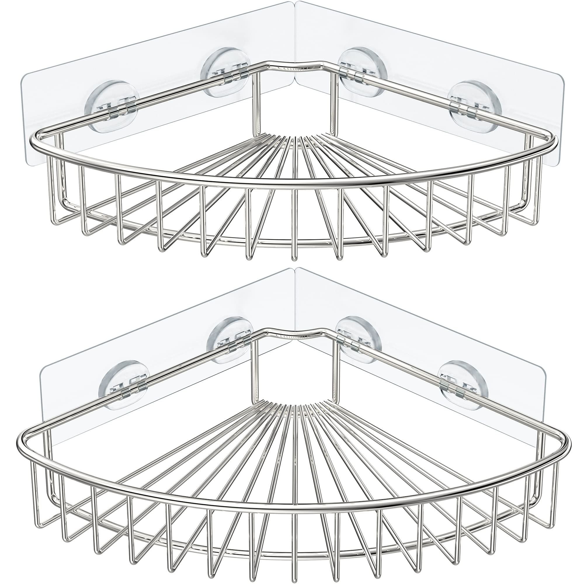 HEETA 2-Pack Corner Shower Caddy, Wall Mounted Storage Basket Shelve Adhesive, Bathroom Shelf Organiser for Shower Toilet Dorm Kitchen, SUS304 Stainless Steel No Drilling (Silver)