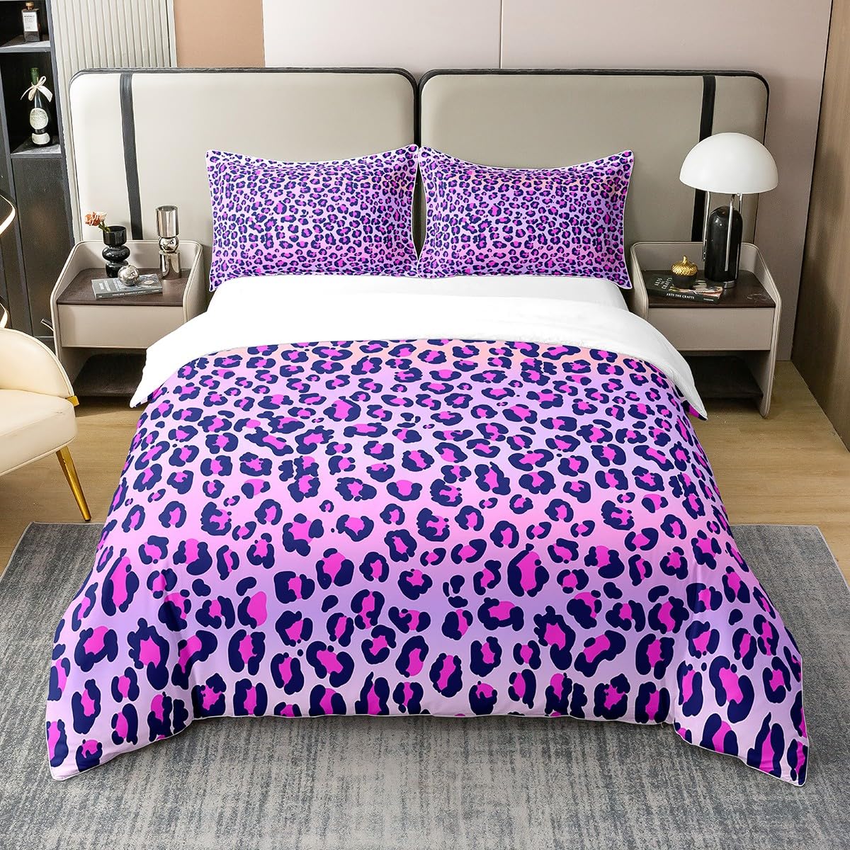Leopard Print Cotton Duvet Cover Set Double Size Girls Pink Purple Cheetah Print Bedding Set Wild Animal Theme Comforter Cover Set for Girl Teens Bedroom Decor Bedspread Cover ( No Comforter)