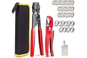 KOTTO Ratchet PEX Crimping Clamp Cinch Tool & Pipe Hose Cutter Meets ASTM 2098 & Stainless Steel Pipe Clamps, Pipe Fitting Tool Kit Sizes 3/8" to 1" - 20 pcs 1/2", 10 pcs 3/4" Clamps With Storage Bag