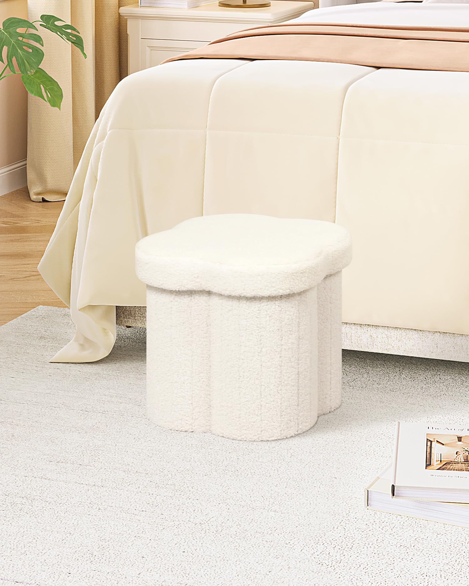 B FSOBEIIALEO Storage Ottoman Cube, Flowers Shaped Ottomans with Storage Foot Stool Footrest for Lving Room, Boucle Ottoman Seat for Dorm Room,Faux Teddy Fur, Cream White 12.6"x12.6"x12.6" - Image 2
