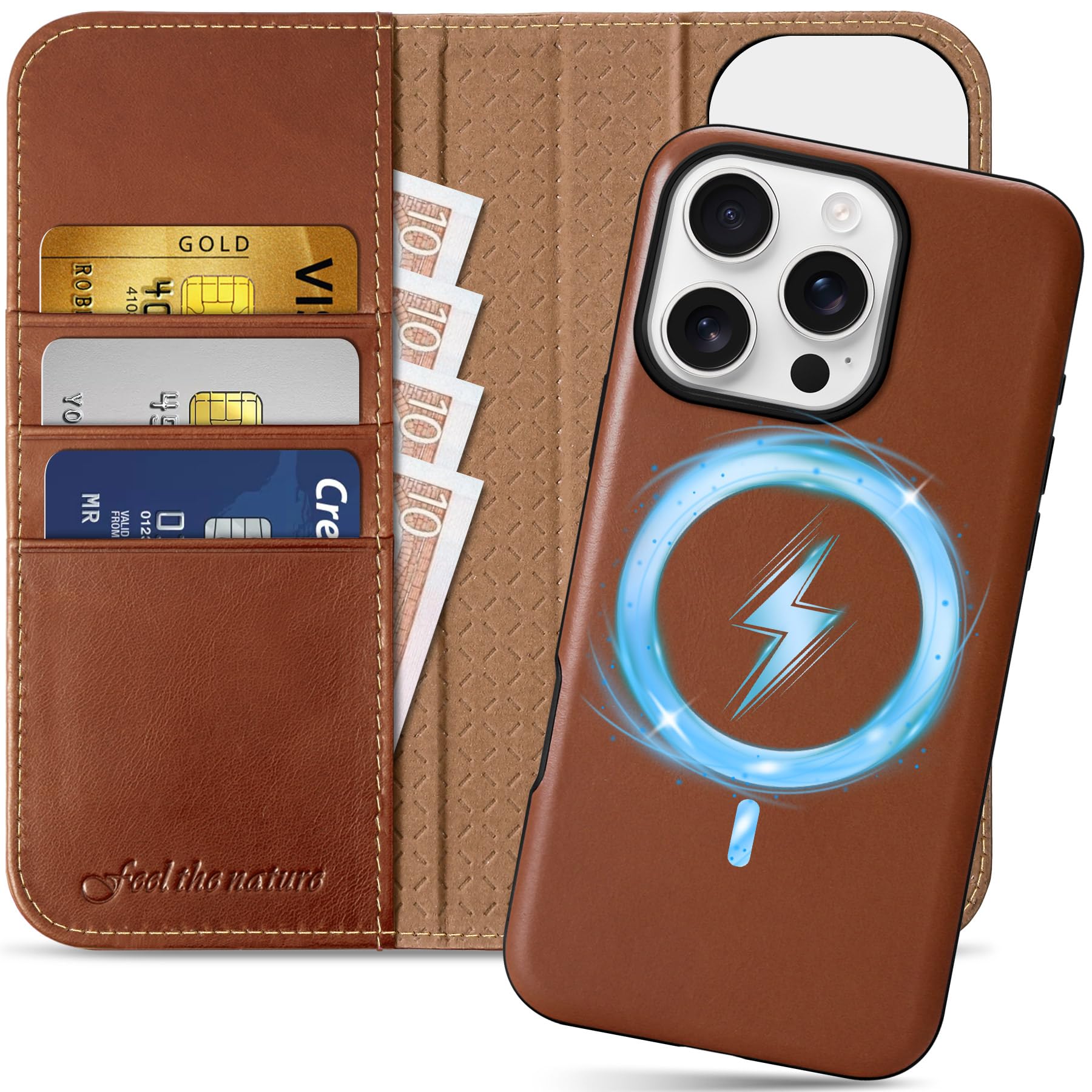 Photo 1 of SHIELDON Case for iPhone 16 Pro 2024, Genuine Leather 2 in 1 Wireless Charging Wallet Kickstand, RFID Blocking Card Slots, Magnetic Shockproof Cover Compatible with iPhone 16 Pro 6.3" - Retro Brown