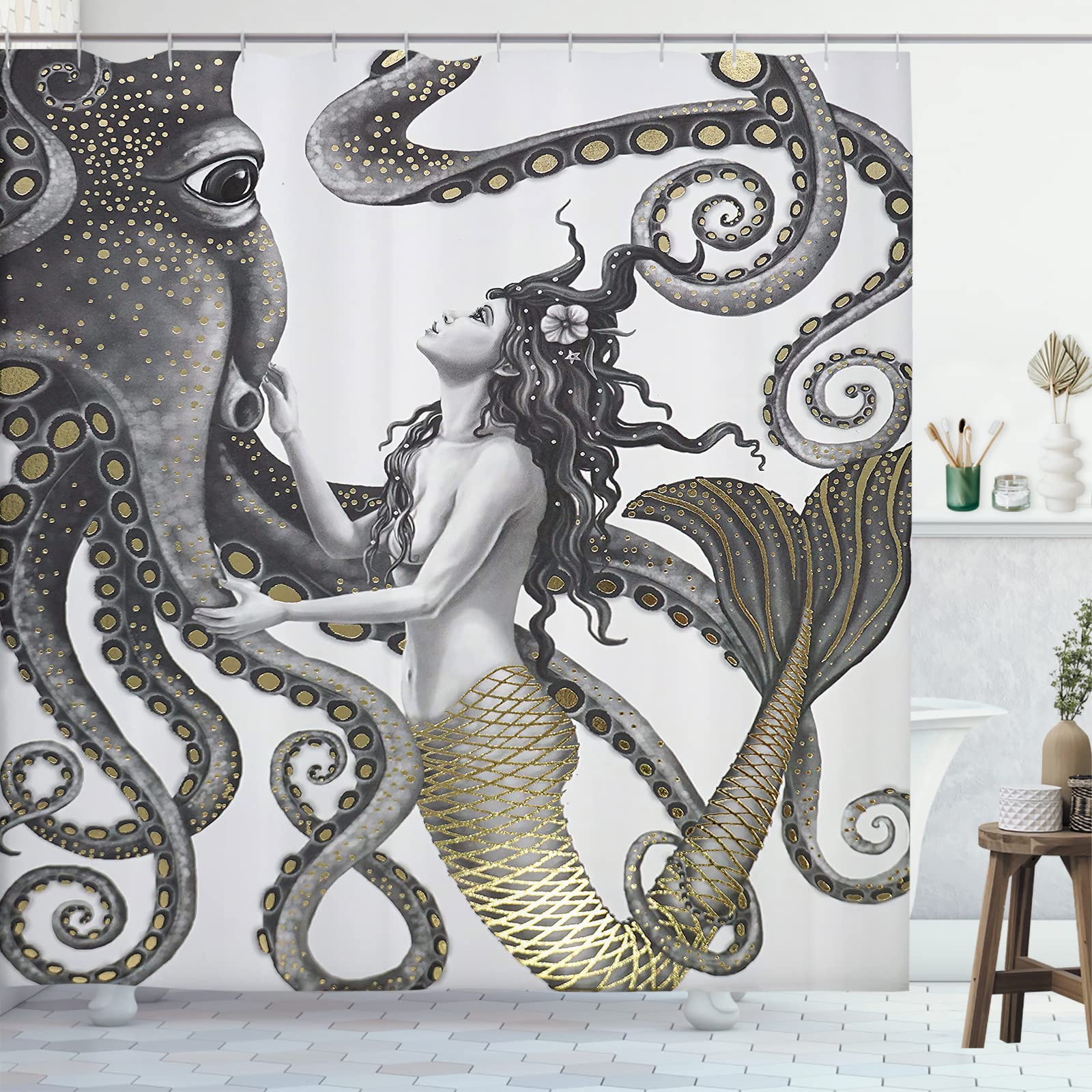 GOOESING Mermaid and Octopus Shower Curtain, Abstract Ocean Nautical Fantasy Animals Decorative Bathroom Fabric Waterproof Polyester Shower Curtain, Artistic Boho Farmhouse Mystic Shower Curtains