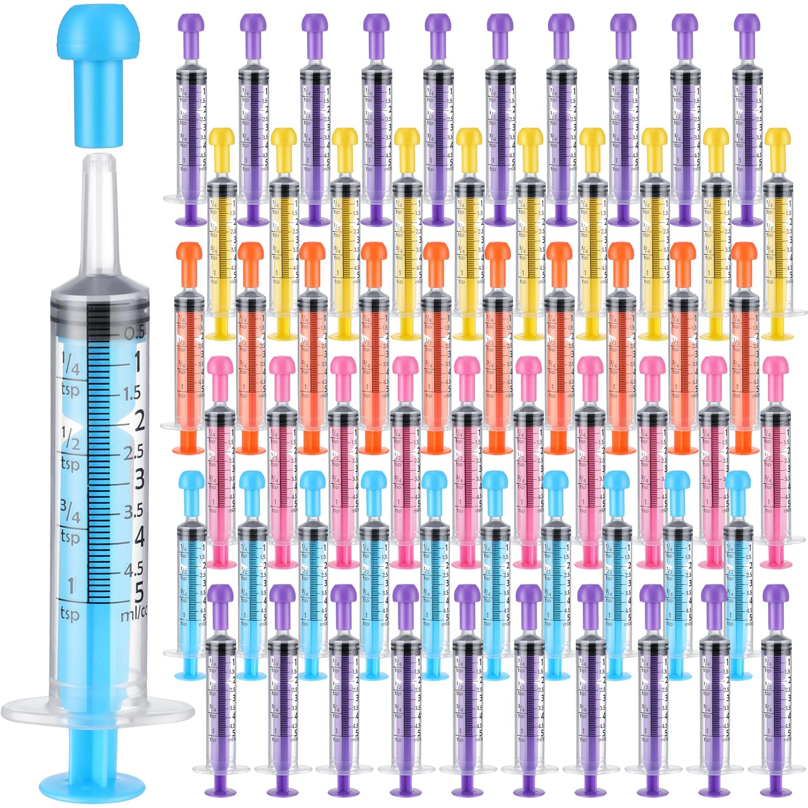 Photo 1 of TrelaCo 100 Pieces Plastic Syringe for Liquid with Caps Oral Syringe Without Needle Colorful Measuring Tools Individually Sealed for Feeding, Industrial Scientific Labs, 5 Colors(5 ml)