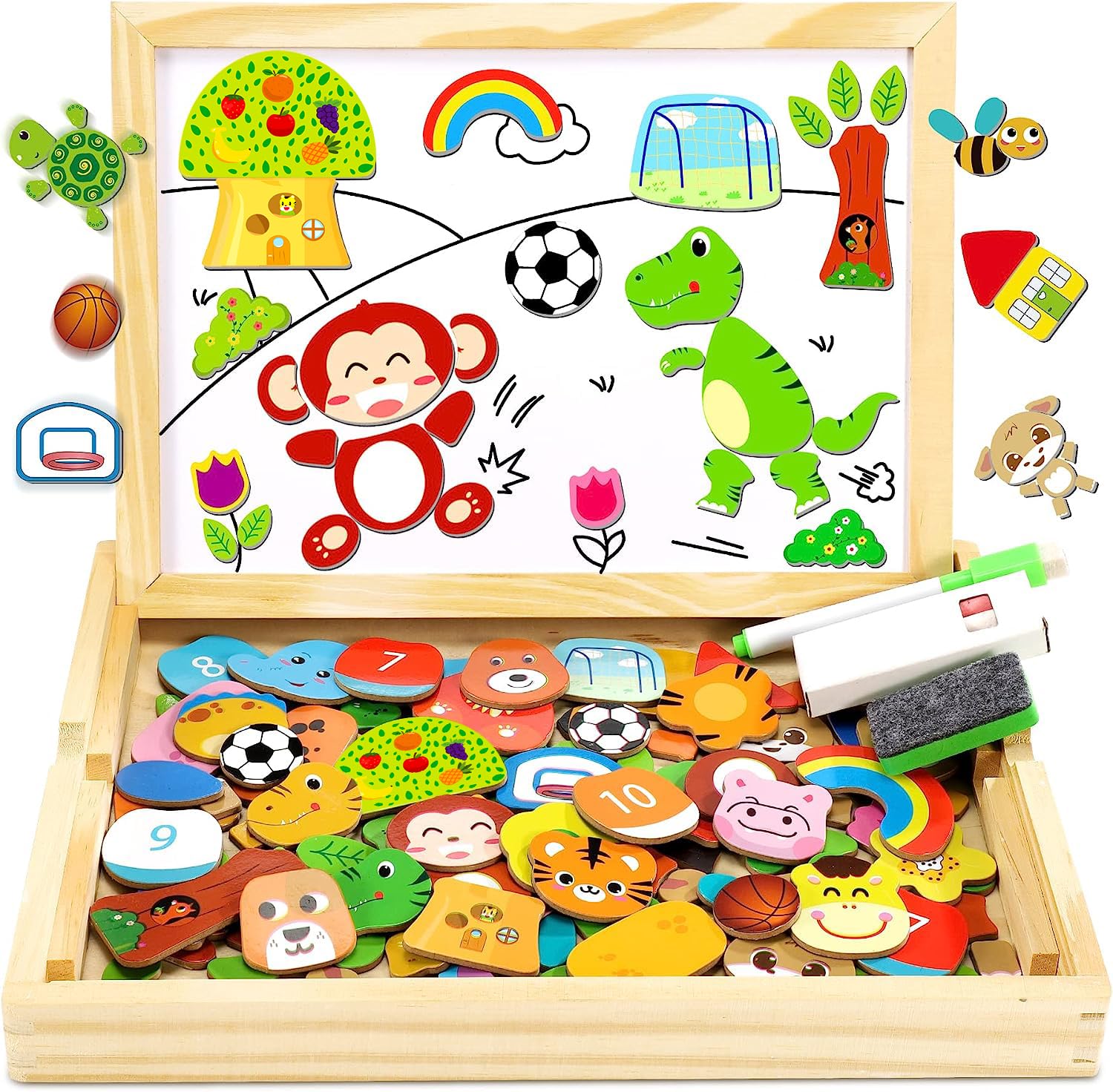 Jojoin Wooden Magnetic Puzzle, 110 PCS Magnetic Board Puzzle Games, Sports Theme Animal Pattern, Double Sided Jigsaw, Drawing Easel Blackboard Educational Wood Toys Gift for Boys Girls Kids 3+