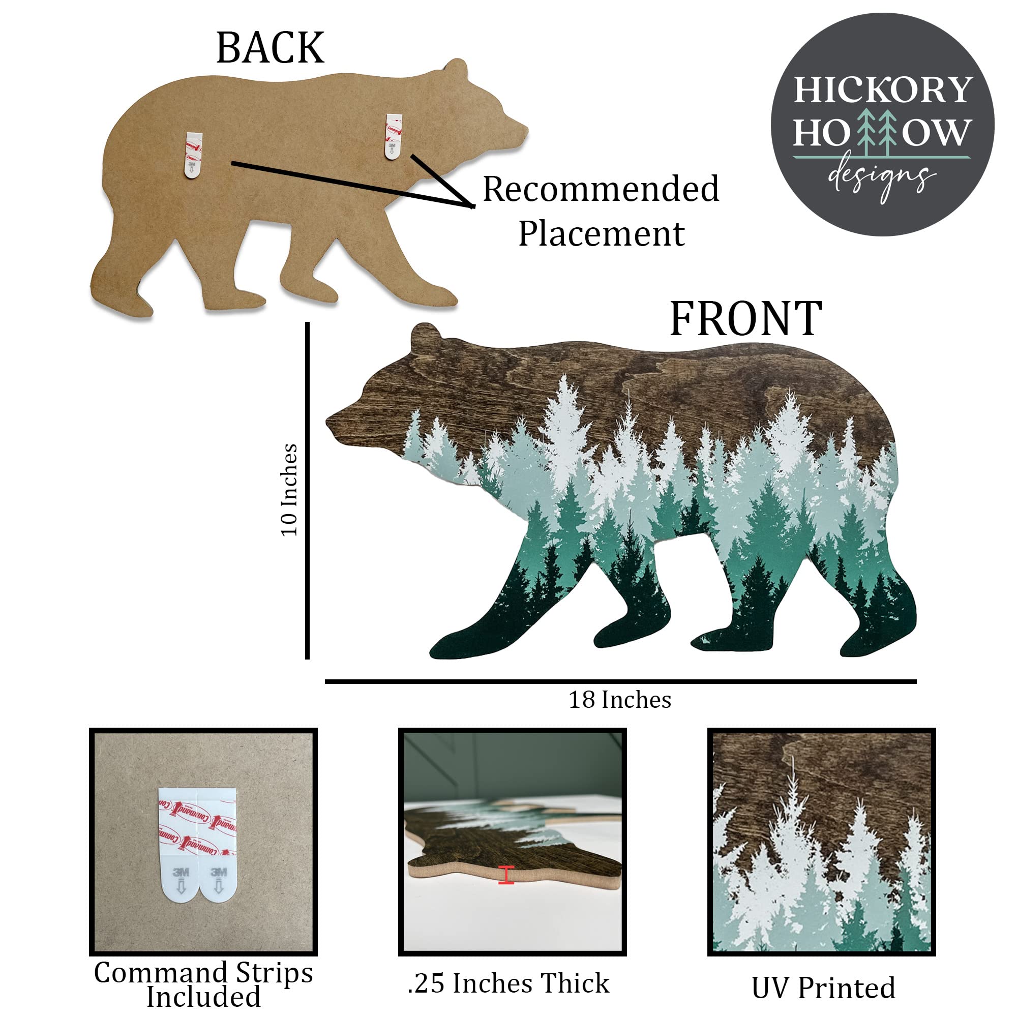 Forest Bear Wall Sign, Adventure Woodland Theme, Rustic Nursery Decor, Man Cave Home Bedroom Cabin Office House Art Decorations, Hickory Hollow Designs… (Dark Walnut/Green Pine Trees)