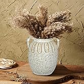 Vintage Ceramic Vase with 2 Handles,Farmhouse Boho Vase for Home Decor, Petal-Like Pluting Rustic Vase for Flower, Centerpiece Table Decoration 6.1 Inch