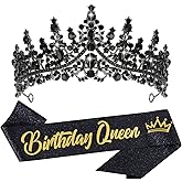 VELSCRUN Birthday Queen Tiara Crowns for Women Girls Black Crystal Birthday Queen Headband Sash Elegant Princess Crown Happy Birth Party Decorations Mom Sisters Birth Gift Hair Accessories