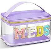 Geetery Chenille Letter Bag, Meds Cheer Travel Cases Cheerleader Gifts Cosmetic Bag Nylon Makeup Portable Preppy Patch with Zipper Toiletry Storage Case for Women(Purple,Meds)