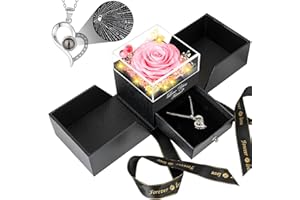 FOCIE Preserved Pink Real Rose with I Love You Necklace -Eternal Flowers Rose Gifts for Mom Grandma Wife Girlfriend on Mothers Day Valentines Day Gifts for Her Christmas Birthday Anniversary