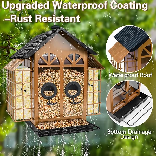 TAYEPIN BIRD FEEDERS FOR OUTDOORS HANGING, METAL WILD BIRD FEEDERS WITH DOUBLE SUET CAGE, 4LBS LARGE CAPACITY FOR OUTSIDE GARDEN WATERPROOF, LDEAL GIFTS FOR BIRDS FEEDING FINCH CARDINAL, BROWN