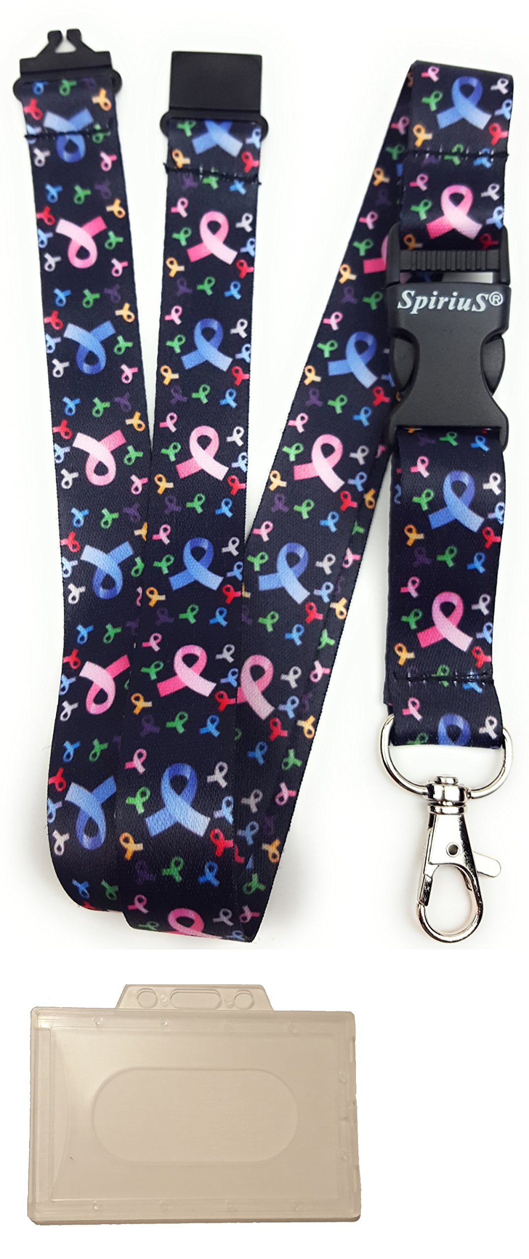 SpiriuS Lanyards with Plastic Badge Unique Styles Safety Clip Detachable Clip Features (Cancer Logo Rainbow Black)